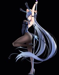 Rule 34 | 1girl, absurdly long hair, absurdres, anchor ornament, animal ears, arm strap, armpits, ass, azur lane, black background, black footwear, black leotard, blue eyes, blue hair, bodystocking, breasts, cleavage, detached collar, fake animal ears, from side, full body, high heels, highres, large breasts, leg up, leotard, levy (comradlevy), long hair, looking at viewer, looking to the side, new jersey (azur lane), new jersey (exhilarating steps!) (azur lane), official alternate costume, one eye closed, pantyhose, playboy bunny, pole, rabbit ears, see-through, see-through cleavage, shoes, simple background, solo, strapless, strapless leotard, stripper pole, very long hair, wrist cuffs