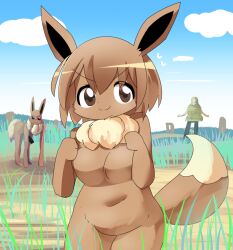 Rule 34 | 1boy, 1girl, animal ears, blonde hair, blue sky, breasts, brown eyes, brown hair, cardboard box gundam, clenched hands, closed mouth, cloud, commentary request, cowboy shot, creatures (company), dark skin, day, eevee, furrification, furry, game freak, gen 1 pokemon, grass, lets0020, looking at viewer, medium bangs, medium breasts, navel, nintendo, outdoors, pokemon, short hair, sky, smile, v-shaped eyebrows