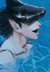 Rule 34 | 1boy, bare shoulders, beam (chainsaw man), black hair, blue theme, bonjindaaa, chainsaw man, facing to the side, highres, in water, male focus, no eyes, open mouth, partially submerged, pointy ears, sharp teeth, short hair, solo, spiked hair, teeth, topless male