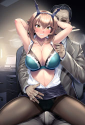 Rule 34 | 1boy, 1girl, alternate costume, armpits, arms up, black skirt, blush, bra, breasts, brown hair, bulge, business suit, chikan, cleavage, clenched teeth, commentary request, commission, erection, erection under clothes, forced, formal, frown, girl on top, gloves, hassen (8cm), headgear, hetero, humiliation, indoors, jacket, jewelry, kantai collection, large breasts, molestation, mutsu (kancolle), office lady, open clothes, paid reward available, panties, panties under pantyhose, pantyhose, pencil skirt, sexual harassment, short hair, sitting, sitting on lap, sitting on person, skeb commission, skirt, solo focus, spread legs, steam, steaming body, suit, sweat, teeth, ugly man, underwear