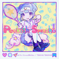 Rule 34 | 1girl, absurdres, album cover, artist self-insert, bib, black footwear, blue hair, blunt bangs, cat, closed mouth, cover, crescent, food, full body, hairband, highres, holding tennis racket, kiato, knees up, kuishinbo akachan, like and retweet, looking at viewer, original, pizza, pizza slice, pleated skirt, purple eyes, purple skirt, racket, shirt, shoes, short hair, short sleeves, sidelocks, sitting, skirt, smile, sneakers, solo, song name, speech bubble, tennis racket, thighhighs, two side up, w, white hairband, white shirt, white thighhighs, yellow background