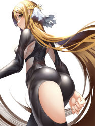 Rule 34 | 1girl, ass, asuna (sao), blush, bodysuit, breasts, brown eyes, brown hair, from behind, from below, gingami (giluziru), half updo, highres, large breasts, long hair, looking back, looking down, shiny clothes, shiny skin, sideboob, skin tight, solo, sword art online, very long hair