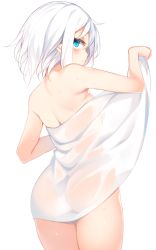 Rule 34 | 1girl, ass, blue eyes, breasts, closed mouth, from behind, holding, holding towel, legs together, looking at viewer, looking back, nude, original, otokuyou, ringo-chan (otokuyou), see-through, short hair, sidelocks, simple background, small breasts, solo, standing, sweat, towel, white background, white hair, white towel