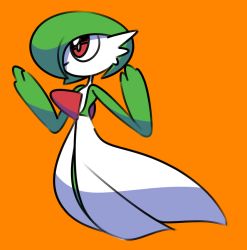 Rule 34 | 1girl, bob cut, bright pupils, closed mouth, colored skin, creatures (company), female focus, flat chest, full body, game freak, gardevoir, gen 3 pokemon, green hair, green skin, hair over one eye, hands up, looking up, multicolored skin, nintendo, orange background, pokemon, pokemon (creature), red eyes, short hair, simple background, sketch, solo, standing, two-tone skin, vilepluff, white pupils, white skin