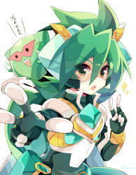 Rule 34 | 1boy, armor, fingerless gloves, gloves, goggles, green armor, green eyes, green gloves, green hair, looking at viewer, male focus, open mouth, rento (rukeai), saikyou ginga ultimate zero ~battle spirits~, simple background, solo, spiked hair, triangle mouth, v, white armor, white background, zero the hurricane