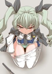Rule 34 | 1girl, anchovy (girls und panzer), anzio school uniform, artist name, black cape, black necktie, black ribbon, blue skirt, brown eyes, cape, closed mouth, clothes lift, clothes pull, commentary, dress shirt, drill hair, emblem, from above, frown, girls und panzer, glaring, green hair, green panties, hair ribbon, half-closed eyes, kneeling, lifting own clothes, long hair, long sleeves, looking at viewer, miniskirt, necktie, panties, pantyhose, pantyhose pull, pleated skirt, pulling own clothes, red eyes, ribbon, riding, school uniform, shirt, signature, skirt, skirt lift, solo, striped clothes, striped panties, twin drills, twintails, underwear, white pantyhose, white shirt, wing collar, zannen na hito