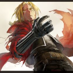 Rule 34 | 1boy, belt, belt buckle, black jacket, black pants, black shirt, blonde hair, blood, blood drip, blood on face, brown belt, buckle, chain, cloak, closed mouth, commentary request, cowboy shot, edward elric, from below, frown, fullmetal alchemist, furrowed brow, injury, jacket, letterboxed, long hair, long sleeves, low ponytail, male focus, mechanical arms, open clothes, open jacket, pants, red cloak, red sleeves, shirt, short ponytail, simple background, solo, uhyo (popunio), v-shaped eyebrows, white background, yellow eyes