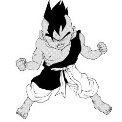 Rule 34 | 1boy, angry, black hair, dragon ball, fighting stance, highres, looking at viewer, pants, serious, solo, tagme, uub, white background, white pants