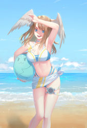 Rule 34 | 1girl, ball, beach, bikini, blue eyes, breast tattoo, breasts, brown hair, choker, cleavage, eunie (xenoblade), head wings, heavelle, large breasts, long hair, looking at viewer, navel, open mouth, smile, solo, swimsuit, tattoo, white wings, wings, xenoblade chronicles (series), xenoblade chronicles 3