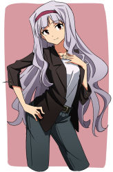 Rule 34 | 1girl, cropped legs, eiraprpr, hairband, hand on own hip, hand on own chest, highres, idolmaster, idolmaster (classic), long hair, looking at viewer, red eyes, shijou takane, silver hair, smile, solo