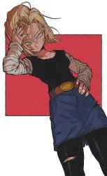Rule 34 | 1girl, absurdres, android 18, belt, black pantyhose, blonde hair, blue eyes, breasts, cleavage, closed mouth, commentary, cowboy shot, denim, denim jacket, denim skirt, dragon ball, dragonball z, dutch angle, earrings, from below, hair between eyes, hand in own hair, hand on own hip, highres, jacket, jewelry, long sleeves, looking at viewer, looking down, pantyhose, relio db318, shirt, short hair, simple background, skirt, solo, torn clothes