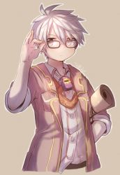 Rule 34 | 1boy, adjusting clothes, adjusting headwear, bandam, bespectacled, breast pocket, brown jacket, closed mouth, collared shirt, commentary request, cowboy shot, cropped legs, dress shirt, expressionless, glasses, grey background, grey hair, highres, jacket, jiruo (made in abyss), long hair, looking at viewer, made in abyss, male focus, open clothes, open jacket, outline, pocket, scroll, shirt, short hair, signature, simple background, sleeves rolled up, solo, whistle, whistle around neck, white outline, white shirt