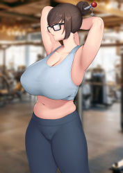 Rule 34 | 1girl, armpits, arms behind head, arms up, belly, black-framed eyewear, blurry, blurry background, breasts, brown hair, cameltoe, commentary, commission, depth of field, english commentary, glasses, hair bun, hair ornament, highres, huge breasts, indoors, looking at viewer, mature female, mei (overwatch), midriff, midriff peek, moebell, navel, overwatch, overwatch 1, pants, pixiv commission, plump, presenting armpit, single hair bun, skindentation, solo, sports bra, standing, thick thighs, thighs, yoga pants