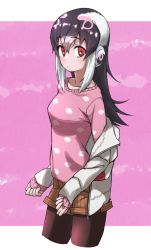 Rule 34 | 1girl, absurdres, african penguin (kemono friends), alternate costume, black hair, casual, cloud print, commentary request, cowboy shot, headphones, highres, jacket, kemono friends, kemono friends v project, long hair, long sleeves, looking at viewer, multicolored hair, off shoulder, orange shorts, pantyhose, penguin girl, pink hair, pink sweater, red eyes, red pantyhose, shorts, solo, striped clothes, striped shorts, sweater, tanabe (fueisei), virtual youtuber, white hair, white jacket