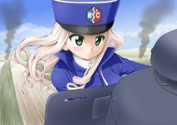 Rule 34 | 1girl, absurdres, bad id, bad twitter id, bc freedom (emblem), bc freedom military uniform, blonde hair, blue hat, blue jacket, blue sky, blue vest, blush, closed mouth, cloud, cloudy sky, commentary, daxz240r, day, dress shirt, drill hair, emblem, frown, ft-17, girls und panzer, green eyes, hat, high collar, highres, jacket, leaning to the side, light blush, long hair, long sleeves, marie (girls und panzer), military, military hat, military uniform, military vehicle, motor vehicle, outdoors, riding, serious, shako cap, shirt, sky, smoke, solo, tank, uniform, vest, white shirt, wind