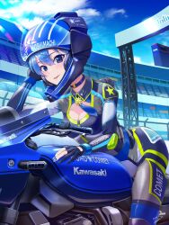Rule 34 | 1girl, alternate costume, ascot, biker clothes, bikesuit, blue ascot, blue choker, blue eyes, blue hair, blue nails, blue sky, bodysuit, breasts, choker, cleavage, cloud, day, estrella (uypu4574), gloves, helmet, highres, hololive, hoshimachi suisei, kawasaki, motor vehicle, motorcycle, outdoors, parted lips, partially fingerless gloves, sky, small breasts, solo, stadium, star (symbol), star in eye, symbol in eye, tongue, tongue out, virtual youtuber