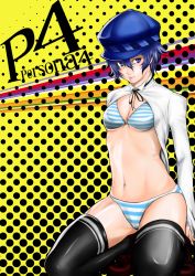 Rule 34 | 1girl, atlus, blue hair, bra, cabbie hat, hat, highres, kneeling, looking at viewer, navel, open clothes, open shirt, panties, persona, persona 4, ribs, shirogane naoto, shirt, short hair, sisotaro, solo, striped bra, striped clothes, striped panties, thighhighs, thighs, underwear, underwear only