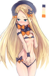 Rule 34 | 1girl, abigail williams (fate), absurdres, bad id, bad pixiv id, black bow, black bra, black hat, black panties, blonde hair, blue eyes, blush, bow, bra, breasts, closed mouth, color guide, commentary request, fate/grand order, fate (series), hair bow, hand on own chest, hand up, hat, highres, long hair, looking away, looking to the side, navel, nose blush, orange bow, panties, panty pull, parted bangs, polka dot, polka dot bow, polka dot panties, pulled by self, sawawse, simple background, skindentation, small breasts, solo, strapless, strapless bra, underwear, underwear only, very long hair, white background, wrist cuffs