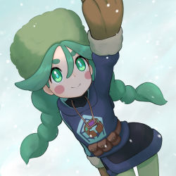 Rule 34 | 1girl, arm up, black shirt, black skirt, blue jacket, blue pupils, blush stickers, braid, brown mittens, closed mouth, commentary request, creatures (company), fur hat, game freak, green eyes, green hat, green pantyhose, hat, highres, jacket, jewelry, long hair, long sleeves, looking up, mittens, necklace, nintendo, pantyhose, pokemon, pokemon legends: arceus, sabi (pokemon), shiroiurushi, shirt, skirt, smile, snowing, solo, twin braids, twintails