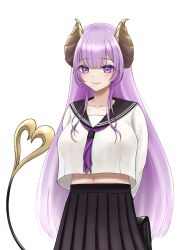 1girl alternate_costume arms_behind_back black_sailor_collar black_skirt blunt_bangs blush breasts brown_horns closed_mouth cowboy_shot crop_top crop_top_overhang demon_girl demon_horns demon_tail highres horns large_breasts long_hair looking_at_viewer matuidi_matsu1 mole mole_under_mouth nanashi_inc. necktie purple_eyes purple_hair purple_necktie sailor_collar saionji_mary school_uniform serafuku shirt simple_background skirt smile solo tail very_long_hair virtual_youtuber white_background white_shirt