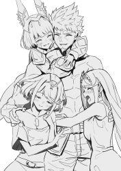 Rule 34 | 1boy, 3girls, absurdres, aged up, baffu, blush, breast press, breasts, chest jewel, cleavage, closed eyes, core crystal (xenoblade), crying, height difference, highres, hug, hug from behind, husband and wives, medium breasts, monochrome, multiple girls, muscular, muscular male, mythra (xenoblade), nia (xenoblade), official alternate costume, official alternate hairstyle, open mouth, polygamy, pyra (xenoblade), rex (xenoblade), scar, scar across eye, short hair, size difference, sketch, smile, tall, tall male, tears, xenoblade chronicles (series), xenoblade chronicles 3, xenoblade chronicles 3: future redeemed