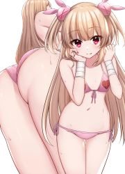 Rule 34 | &gt; &lt;, 1girl, absurdres, ass, bandaged arm, bandages, bare shoulders, bikini, blush, breasts, closed mouth, collarbone, commentary request, fang, fang out, front-tie bikini top, front-tie top, hair ornament, halterneck, highres, hoshimiya aki, light brown hair, long hair, multiple views, natori sana, navel, orange panties, panties, pink bikini, rabbit hair ornament, red eyes, sana channel, side-tie bikini bottom, simple background, small breasts, smile, string bikini, swimsuit, two side up, underwear, very long hair, virtual youtuber, white background