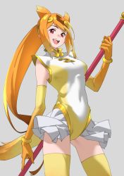 Rule 34 | 1girl, :d, absurdres, breasts, circlet, commentary, cowboy shot, elbow gloves, gloves, golden snub-nosed monkey (kemono friends), grey background, highres, kemono friends, leotard, long hair, looking at viewer, medium breasts, open mouth, orange hair, ponytail, red eyes, simple background, smile, solo, staff, tanabe (fueisei), thighhighs, very long hair, yellow thighhighs