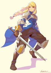 Rule 34 | 1girl, agrias oaks, armor, armored dress, blonde hair, blue dress, braid, braided ponytail, brown eyes, brown footwear, brown gloves, brown pants, closed mouth, dress, final fantasy, final fantasy tactics, full body, gloves, grey background, highres, holding, holding sword, holding weapon, knee pads, kotatsu (g-rough), leg up, long dress, long hair, long sleeves, pants, pauldrons, shoulder armor, simple background, single braid, solo, standing, sword, weapon