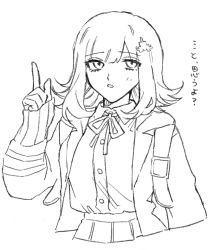 Rule 34 | 1girl, backpack, bag, buttons, collared shirt, commentary request, cropped legs, danganronpa (series), danganronpa 2: goodbye despair, dress shirt, flipped hair, galaga, greyscale, hair ornament, hand up, index finger raised, jacket, long sleeves, medium hair, monochrome, nanami chiaki, neck ribbon, open clothes, open jacket, pleated skirt, ribbon, ru-pe (gstm 0915), shirt, shirt tucked in, sketch, skirt, solo