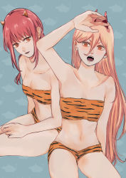 Rule 34 | + +, 2girls, alternate costume, animal print, arm up, armpits, bare shoulders, blonde hair, blue background, braid, braided ponytail, breasts, chainsaw man, cleavage, collarbone, commentary, cross-shaped pupils, demon horns, eyelashes, fangs, hair between eyes, highres, horns, loincloth, long hair, looking at viewer, makima (chainsaw man), medium breasts, medium hair, midriff, multiple girls, navel, oni costume, oni horns, open mouth, orange eyes, patterned background, power (chainsaw man), red eyes, red hair, ringed eyes, setsubun, simple background, sitting, small breasts, straight hair, strapless, symbol-shaped pupils, thighs, tiger print, toukaairab, tsurime, tube top