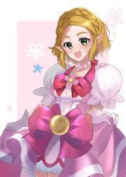 Rule 34 | 1girl, :d, blonde hair, blush, choker, commentary request, cosplay, cure flora, cure flora (cosplay), dress, eyelashes, flower choker, gloves, go! princess precure, green eyes, happy, highres, looking at viewer, minccino7, nintendo, open mouth, pink dress, pointy ears, precure, princess zelda, puffy short sleeves, puffy sleeves, shimamura yuu, short hair, short sleeves, smile, solo, standing, the legend of zelda, voice actor connection