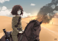 Rule 34 | 1girl, akiyama yukari, artist name, belt, black belt, blue sky, brown eyes, brown hair, closed mouth, cloud, cloudy sky, commentary, commission, dated, day, desert, english commentary, epaulettes, frown, girls und panzer, green jacket, green pants, gun, half-closed eyes, horizon, horse, horseback riding, jacket, long sleeves, looking to the side, messy hair, military, military uniform, nyaxxy, outdoors, pants, pouch, riding, rifle, sam browne belt, short hair, signature, sky, smoke, solo, uniform, weapon, world war i