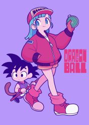 Rule 34 | 1boy, 1girl, age difference, ankle socks, bare legs, baseball cap, bear ringer, black eyes, black footwear, black hair, black outline, blue eyes, blue hair, blunt bangs, blunt ends, bright pupils, brown gloves, bulma, character name, closed mouth, clothes writing, collarbone, commentary, copyright name, dot nose, dougi, dragon ball, dragon ball (classic), dragon radar, eyelashes, flat color, full body, gloves, hand in pocket, hand up, happy, hat, height difference, highres, holding, holding weapon, jacket, letterman jacket, light blush, long hair, looking afar, loose socks, monkey tail, obi, orange socks, outline, parted lips, partially unzipped, purple background, red footwear, red headwear, red jacket, red wristband, ruyi jingu bang, sash, shirt, shoes, shorts, sideways glance, simple background, smile, sneakers, socks, son goku, spiked hair, straight hair, tail, tareme, walking, weapon, white pupils, white sash, white shirt, wide-eyed, wristband, yellow shorts, zipper
