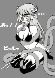 Rule 34 | 1girl, anal, blush, cum, ejaculating while penetrated, demon, demon girl, ejaculation, futanari, greyscale, highres, horns, monochrome, open mouth, penis, pointy ears, solo, sweat, tentacle sex, tentacles, thighhighs