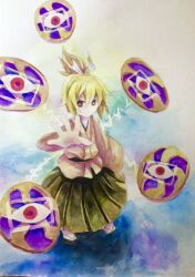 Rule 34 | 1girl, blonde hair, bow, bright pupils, brown kimono, closed mouth, commentary request, flat chest, green hakama, hair bow, hakama, hakama skirt, japanese clothes, kaigen 1025, kimono, long sleeves, painting (medium), ponytail, red eyes, sandals, skirt, touhou, touhou (pc-98), traditional media, watercolor (medium), white bow, white pupils, yuugenmagan, zouri