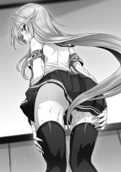Rule 34 | 1girl, armband, blazer, blush, chidorigafuchi aine, closed mouth, embarrassed, floating hair, from below, greyscale, hair censor, hair over crotch, highres, hisasi, jacket, long hair, long sleeves, looking at viewer, looking back, masou gakuen hxh, miniskirt, monochrome, no panties, novel illustration, official art, pleated skirt, pussy juice, school uniform, skirt, solo, thighhighs, very long hair, zettai ryouiki