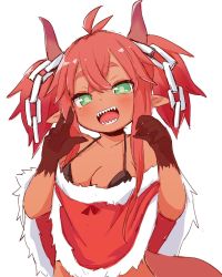 Rule 34 | 1girl, blush, breasts, cleavage, dark skin, dark-skinned female, done (donezumi), female focus, green eyes, highres, horns, looking at viewer, medium breasts, open mouth, original, red hair, sharp teeth, simple background, solo, teeth, twintails, white background