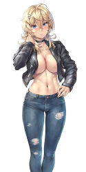 Rule 34 | 1girl, ahoge, black jacket, blonde hair, blue eyes, blue pants, blush, breasts, closed mouth, collarbone, denim, feet out of frame, hair between eyes, hair ornament, hairclip, highres, jacket, kantai collection, kokuzou, large breasts, long hair, open clothes, open jacket, pants, simple background, solo, tuscaloosa (kancolle), white background