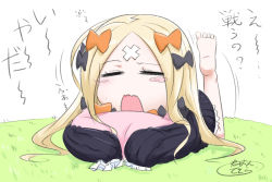 Rule 34 | 1girl, abigail williams (fate), barefoot, black bow, black dress, blonde hair, blush, blush stickers, bow, closed eyes, commentary request, crossed bandaids, dress, facing viewer, fate/grand order, fate (series), hair bow, highres, leg up, long hair, long sleeves, lying, neon-tetora, no headwear, hugging object, on stomach, open mouth, orange bow, parted bangs, pillow, pillow hug, polka dot, polka dot bow, signature, sleeves past fingers, sleeves past wrists, soles, solo, translation request, very long hair, wavy mouth