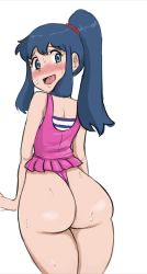 Rule 34 | 1girl, adjusting clothes, adjusting swimsuit, ass, blue eyes, blue hair, blush, cowboy shot, creatures (company), dawn (pokemon), embarrassed, female focus, from behind, game freak, high ponytail, highleg, highleg swimsuit, highres, legs together, looking at viewer, looking back, nintendo, one-piece swimsuit, pink one-piece swimsuit, pokemon, pokemon: arceus and the jewel of life, pokemon (anime), pokemon (creature), pokemon dppt (anime), ponytail, revealing clothes, rider 117, shiny skin, simple background, solo, standing, sweat, swimsuit, white background