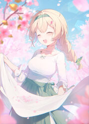 Rule 34 | 1girl, blonde hair, blue sky, blush, braid, cherry blossoms, commentary, day, flower, hair flower, hair ornament, hairband, hana mori, highres, hololive, kazama iroha, open mouth, outdoors, pink flower, sidelocks, single braid, sky, solo, symbol-only commentary, teeth, upper teeth only, virtual youtuber