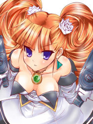 Rule 34 | 1girl, aq interactive, arcana heart, arcana heart 2, atlus, bad id, bad pixiv id, bare shoulders, blush, breasts, cleavage, downblouse, dress, drill hair, dual wielding, earrings, elbow gloves, examu, flower, from above, gloves, gun, hair flower, hair ornament, holding, jewelry, necklace, no bra, orange hair, paopao, pendant, petra johanna lagerkvist, purple eyes, rose, solo, twin drills, twintails, weapon