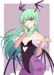 1girl animal_print bare_shoulders bat_print bat_wings bazz000033 black_leotard breasts cleavage clothing_cutout cowboy_shot darkstalkers finger_to_mouth green_hair head_wings heart_cutout highres leotard long_hair looking_at_viewer low_wings morrigan_aensland one_eye_closed pantyhose parted_lips pink_nails solo wings yellow_eyes