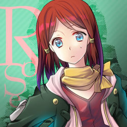 Rule 34 | 10s, 1girl, blue eyes, character name, gradient background, green background, hair ornament, halftone, halftone background, hood, jacket, red hair, rose (tales), scarf, short hair, striped, striped background, tales of (series), tales of zestiria