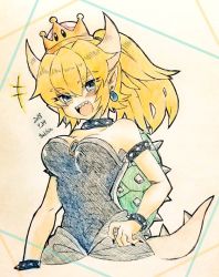 Rule 34 | +++, 1girl, :d, bad id, bad pixiv id, bare shoulders, black collar, blonde hair, blue eyes, blush, bowsette, bracelet, breasts, brooch, cleavage, collar, earrings, horns, jewelry, long hair, looking at viewer, mario (series), medium breasts, new super mario bros. u deluxe, nintendo, open mouth, pointy ears, smile, solo, spiked bracelet, spiked collar, spikes, strapless, tail, thick eyebrows, traditional media, tsukihi (tsukihin), turtle shell