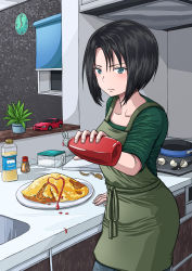 Rule 34 | 1girl, apron, black hair, blue eyes, bob cut, clock, cooking, cooking oil, eggshell, food, frying pan, heart, highres, indoors, ketchup, looking at viewer, omelet, omurice, original, oven, plant, plate, potted plant, short hair, sink, solo, standing, toy, yuyumomentum