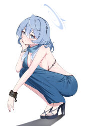 Rule 34 | 1girl, absurdres, ako (blue archive), ako (dress) (blue archive), black footwear, black hairband, blue archive, blue dress, blue eyes, blue hair, blue halo, blush, breasts, closed mouth, cuffs, dress, hair between eyes, hairband, halo, handcuffs, high heels, highres, large breasts, long hair, mochini, nail polish, sideboob, simple background, sleeveless, sleeveless dress, solo, squatting, white background