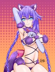 Rule 34 | 1girl, animal ear fluff, animal ears, arched back, arm between breasts, arm up, armpit crease, armpits, back bow, bare legs, barefoot, between breasts, blue eyes, bow, braid, breasts, breasts apart, choujigen game neptune, claws, closed mouth, commentary request, cosplay, cross-laced clothes, crossover, elbow gloves, fang, fang out, fate/grand order, fate (series), fur-trimmed gloves, fur collar, fur trim, gloves, gold trim, groin, hair ornament, half-closed eyes, halftone, halftone background, hand up, highres, kemonomimi mode, large bow, large breasts, lavender gloves, long hair, looking at viewer, mak0h, mash kyrielight, mash kyrielight (dangerous beast), mash kyrielight (dangerous beast) (cosplay), navel, neptune (series), o-ring, official alternate costume, open mouth, paw pose, pink bow, power symbol, power symbol-shaped pupils, purple fur, purple hair, purple heart (neptunia), purple tail, revealing clothes, sideboob, signature, smile, solo, split mouth, symbol-shaped pupils, tail, twin braids, two-tone background, underboob, very long hair, wolf ears, wolf girl, wolf tail