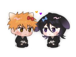 Rule 34 | 1boy, 1girl, animal ears, black hair, black kimono, bleach, blue bow, blush stickers, bow, brown eyes, cat ears, chibi, chibi only, closed mouth, commentary request, double-parted bangs, eye contact, eyebrows hidden by hair, gwao ( ul 13), hair between eyes, hair bow, hands on own thighs, heart, highres, japanese clothes, kemonomimi mode, kimono, korean commentary, kuchiki rukia, kurosaki ichigo, long sleeves, looking at another, medium hair, orange hair, purple eyes, rabbit ears, red bow, seiza, short hair, simple background, sitting, smile, spiked hair, v-shaped eyebrows, white background, wide sleeves