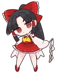 Rule 34 | 1girl, ascot, black hair, blouse, bow, brown eyes, collar, detached sleeves, frilled bow, frills, gohei, hair bow, hair tubes, hakurei reimu, highres, long hair, nontraditional miko, op na yarou, red bow, red shirt, red skirt, ribbon-trimmed sleeves, ribbon trim, shirt, sidelocks, simple background, skirt, skirt set, sleeveless, solo, touhou, white background, white collar, wide sleeves, yellow ascot